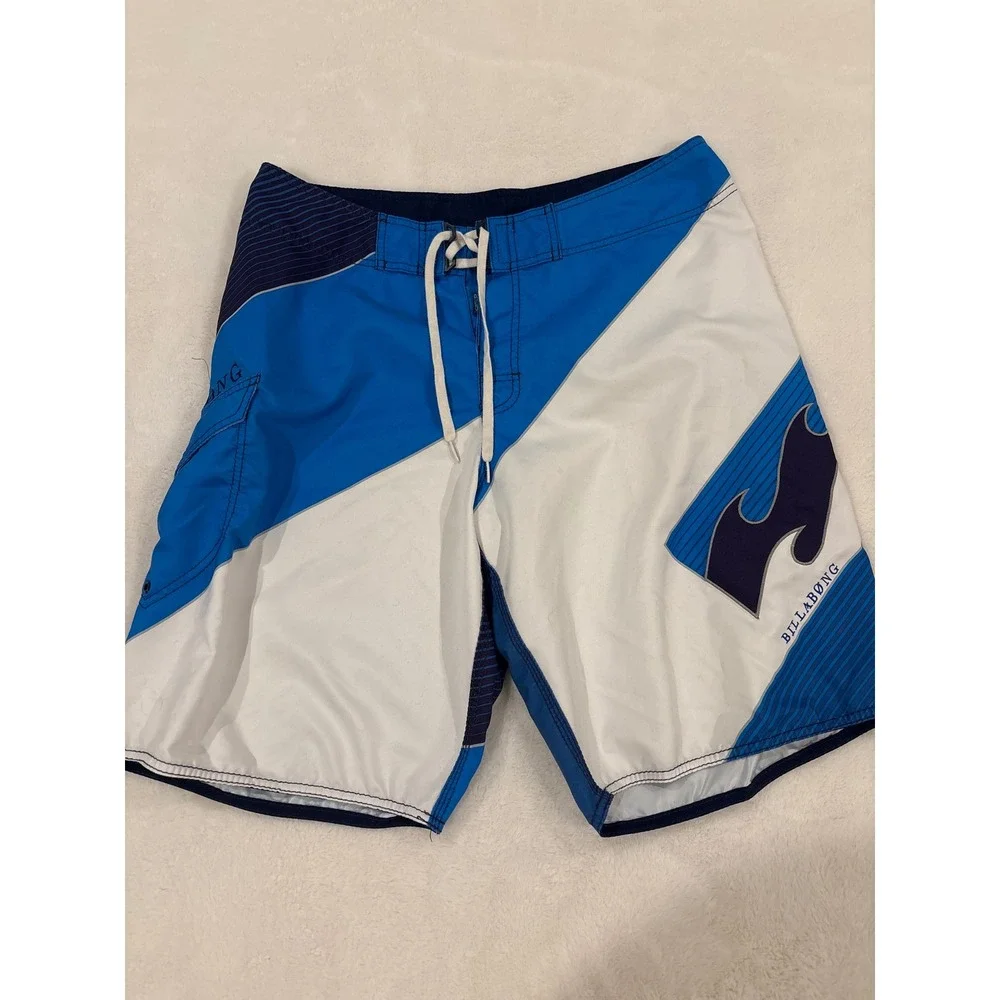 Billabong Mens Board Shorts Blue White Striped Colorblock Swim Trunks Size 36